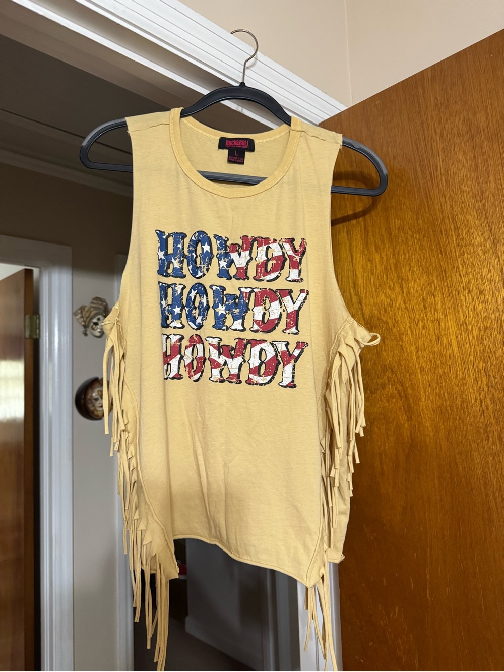 Rock&Roll Denim Fringed Sleeveless Tee with 'Howdy' Flag Print